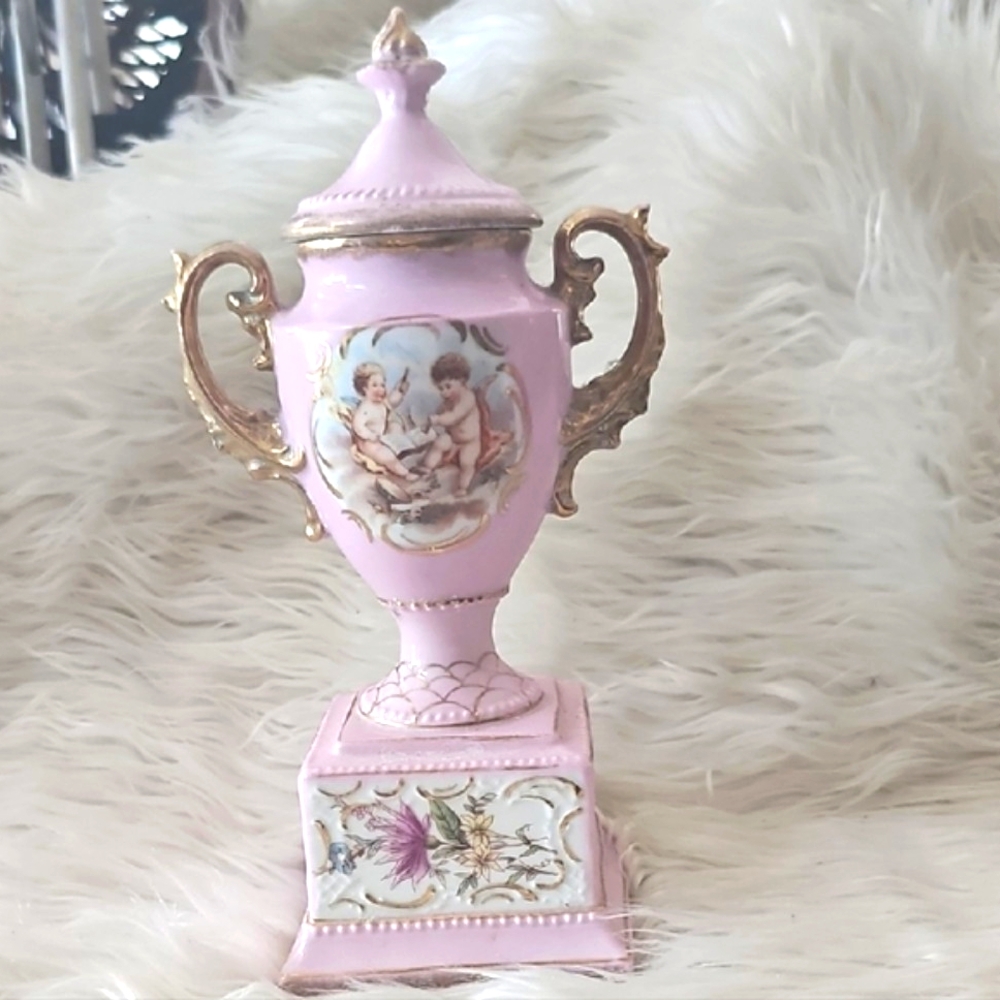 Vintage Pink Porcelain Urn with Gold Accents